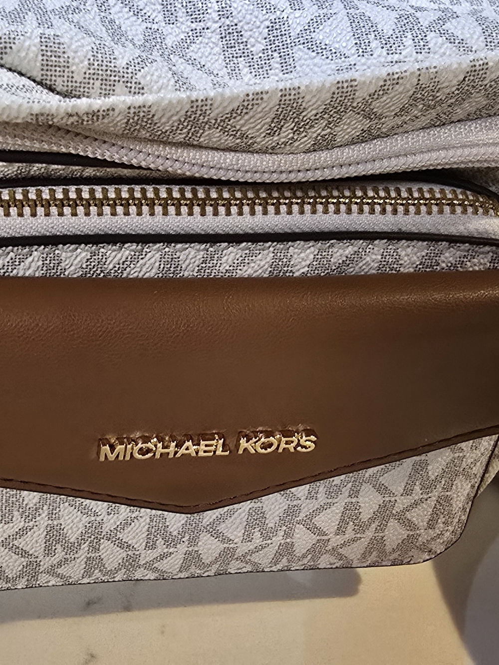 Michael Kors Beige/White MK Signature Crossbody with Brown Leather Flap - Picture 7 of 10